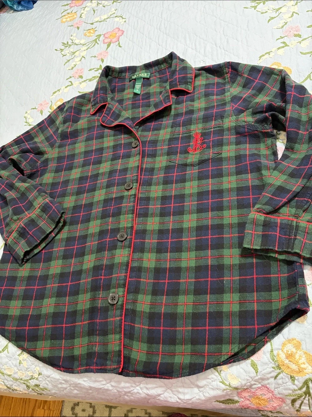 Ralph Lauren Green Label Navy Plaid Button. Pajama Youth Top Red Trim Size XL